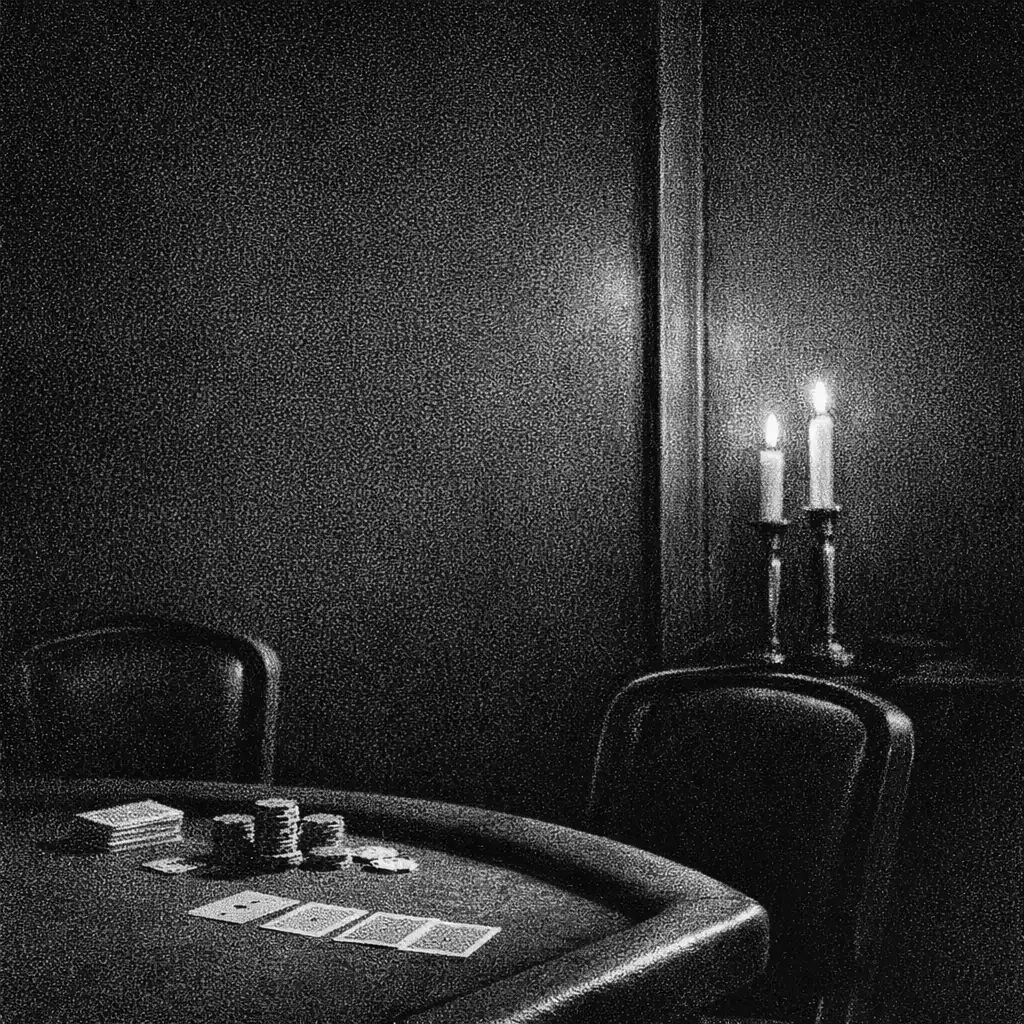 A quiet card-room corner with a dark table edge, vacant chairs and candlelit shadow.