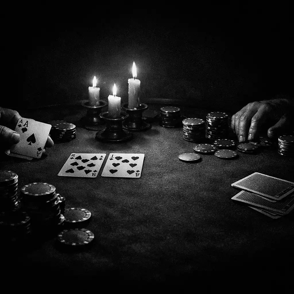 Cards and unmarked chips on felt beneath low candlelight at a physical poker table.