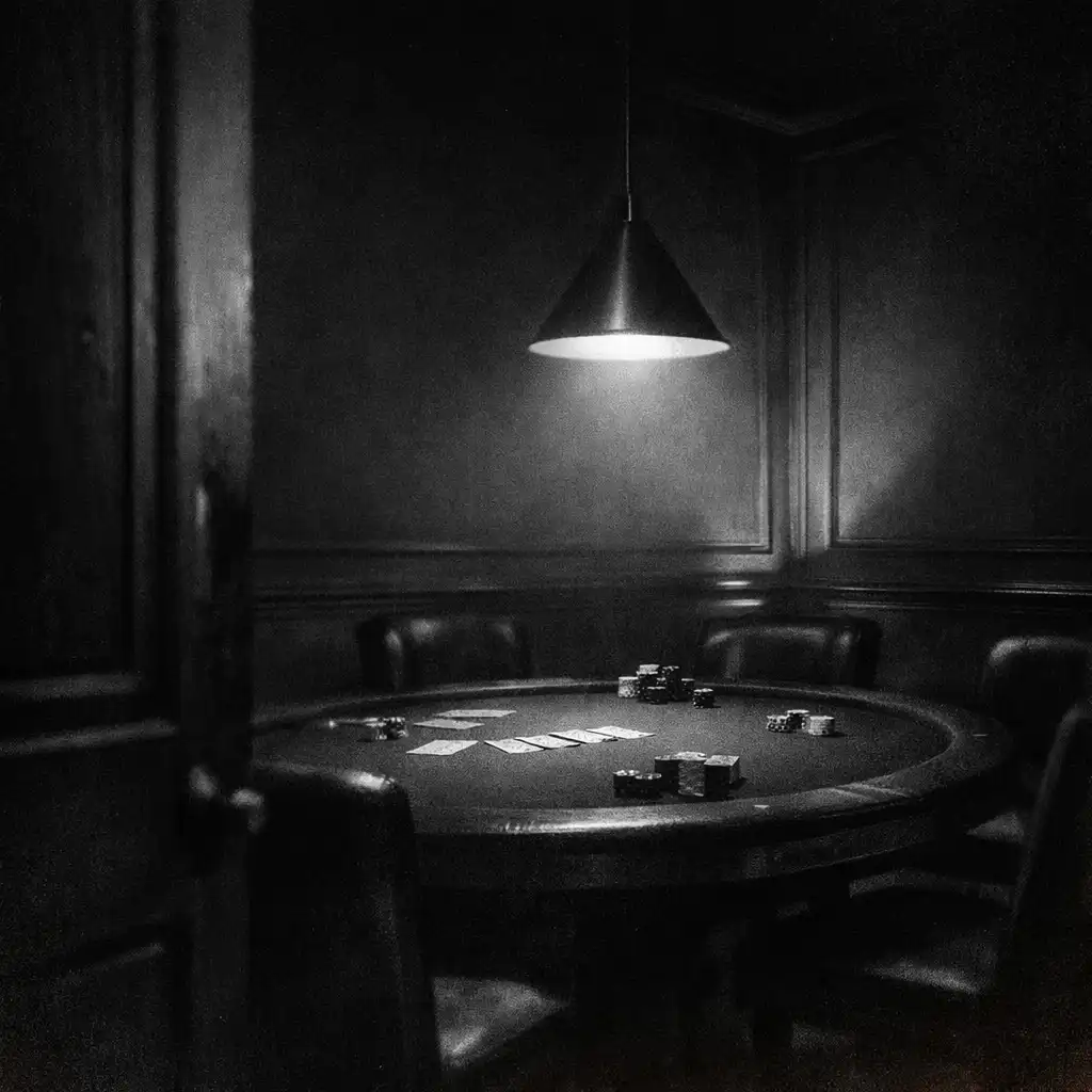 A secluded card room with a poker table beneath directional overhead light