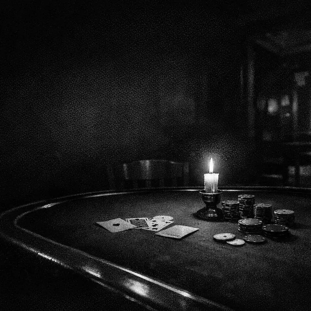 A secluded poker table beneath low candlelight in The Card Room.