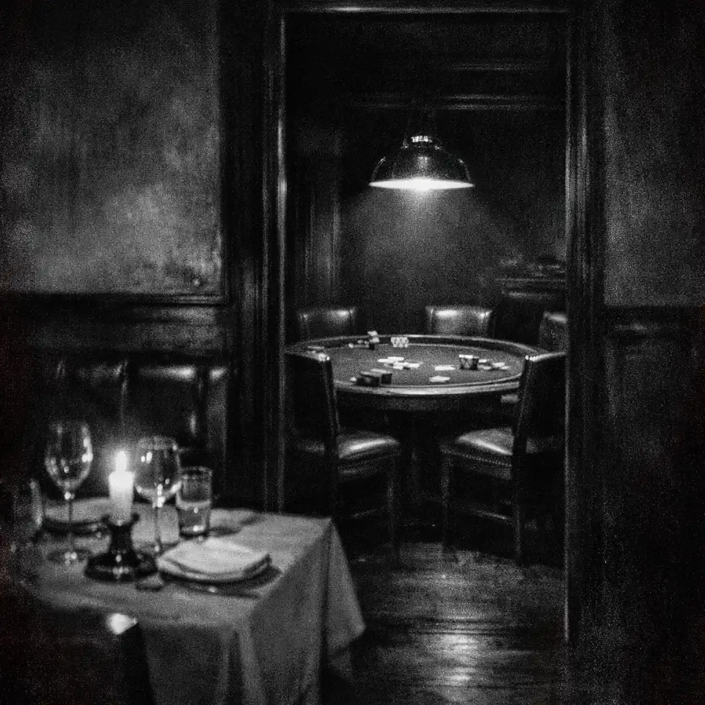 View through a dark dining threshold toward a softly lit physical poker table