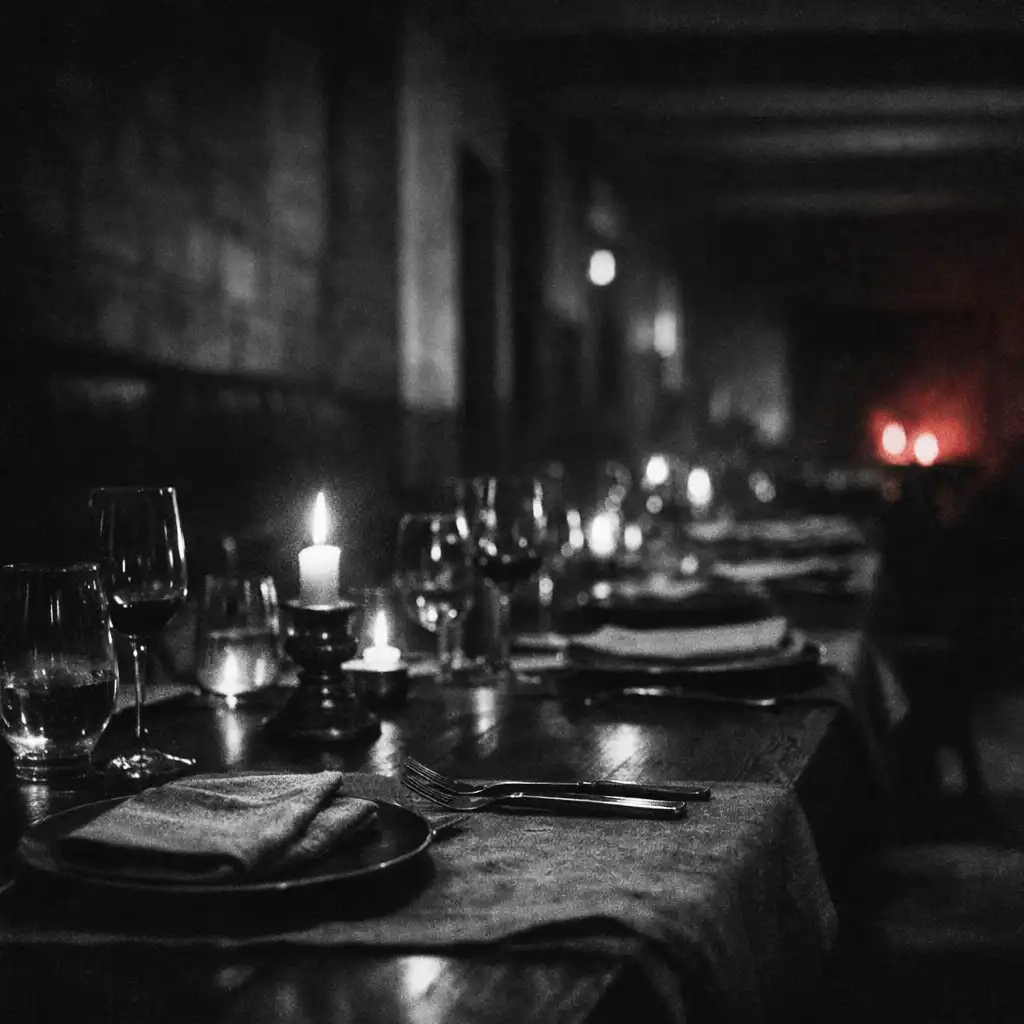 A shadowed dining table set beneath low evening light