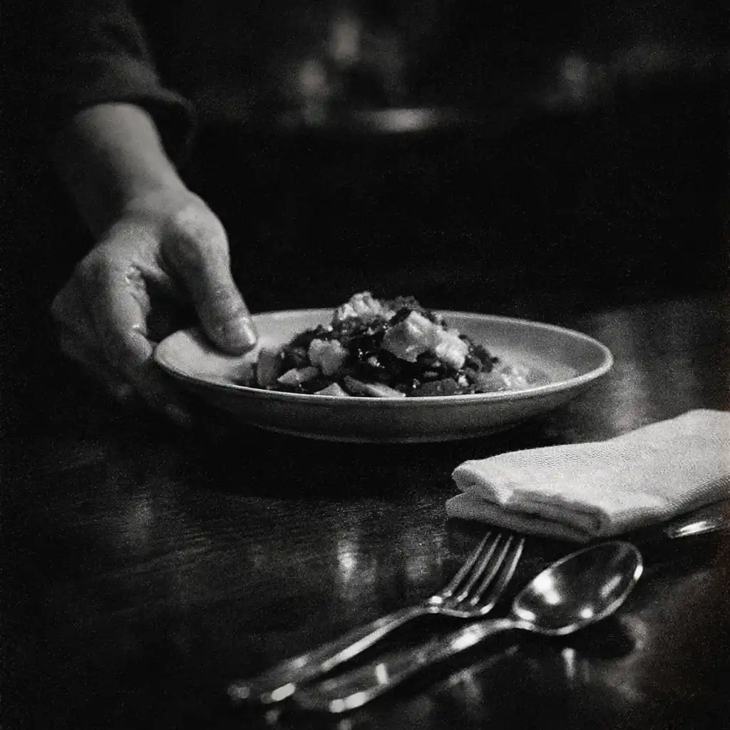 A hand placing an unidentifiable plate on a dark dining table
