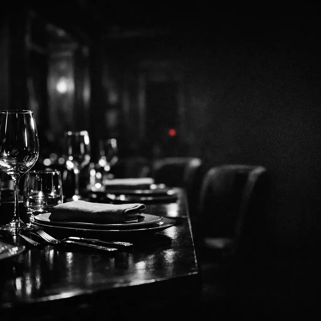 Layered place settings and glassware on a shared dark dining table