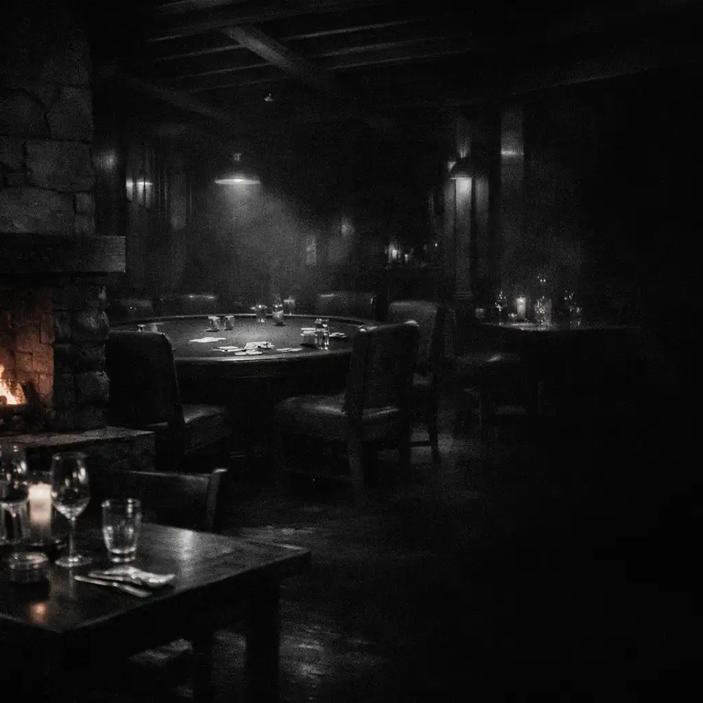 Dark restaurant interior leading toward a physical poker table in the card room