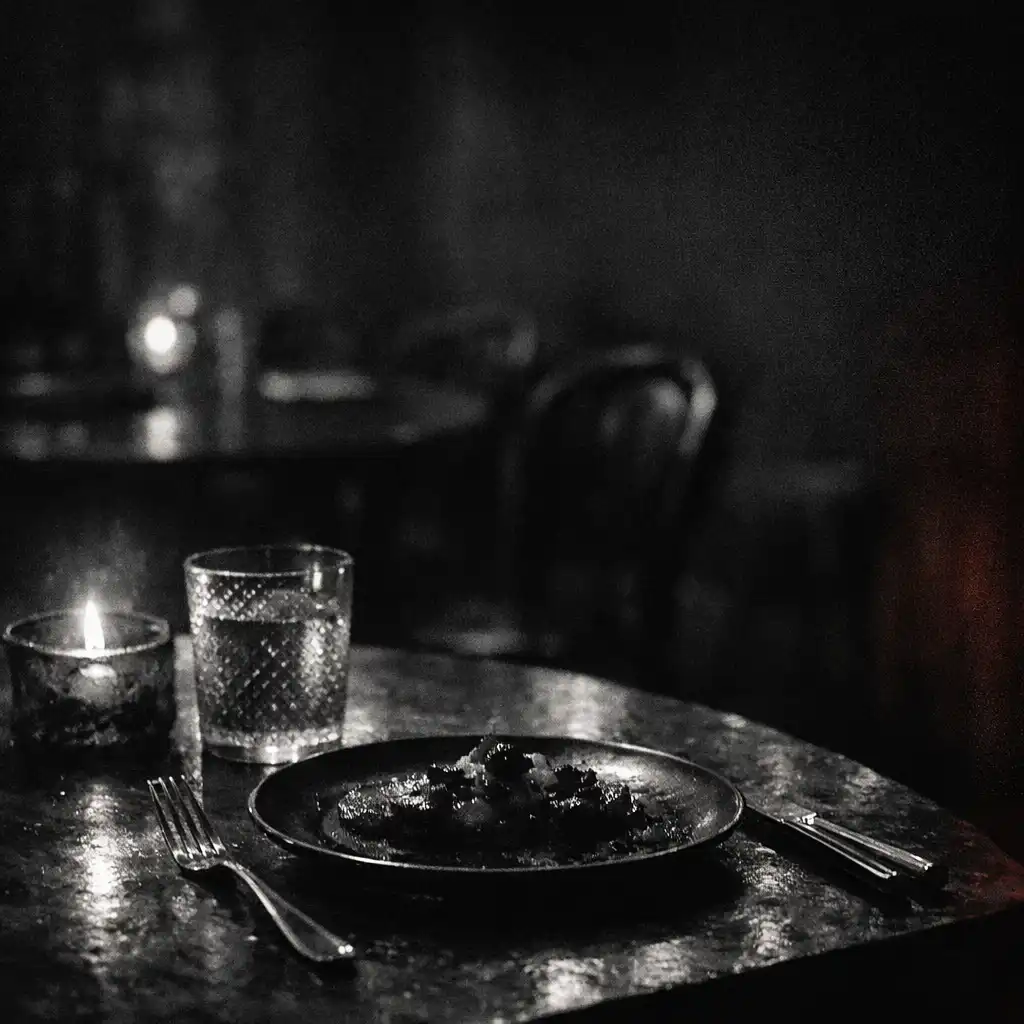 An ember-lit dining table set within the dark interior of Chance and Hearth.