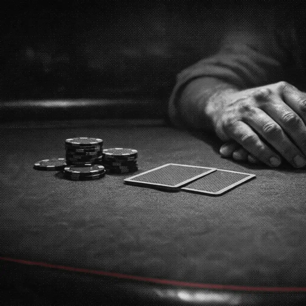 Hands, plain chips, and face-down playing cards gathered on a real poker table.