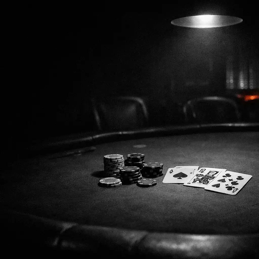 Playing cards and poker chips on a shadowed table under a pool of light