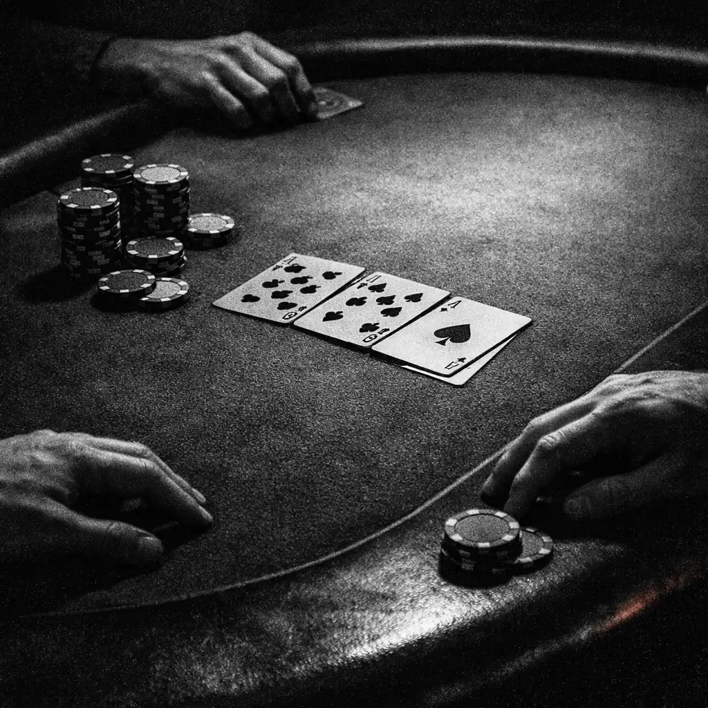 Close detail of cards and chips on a physical poker table in directional light