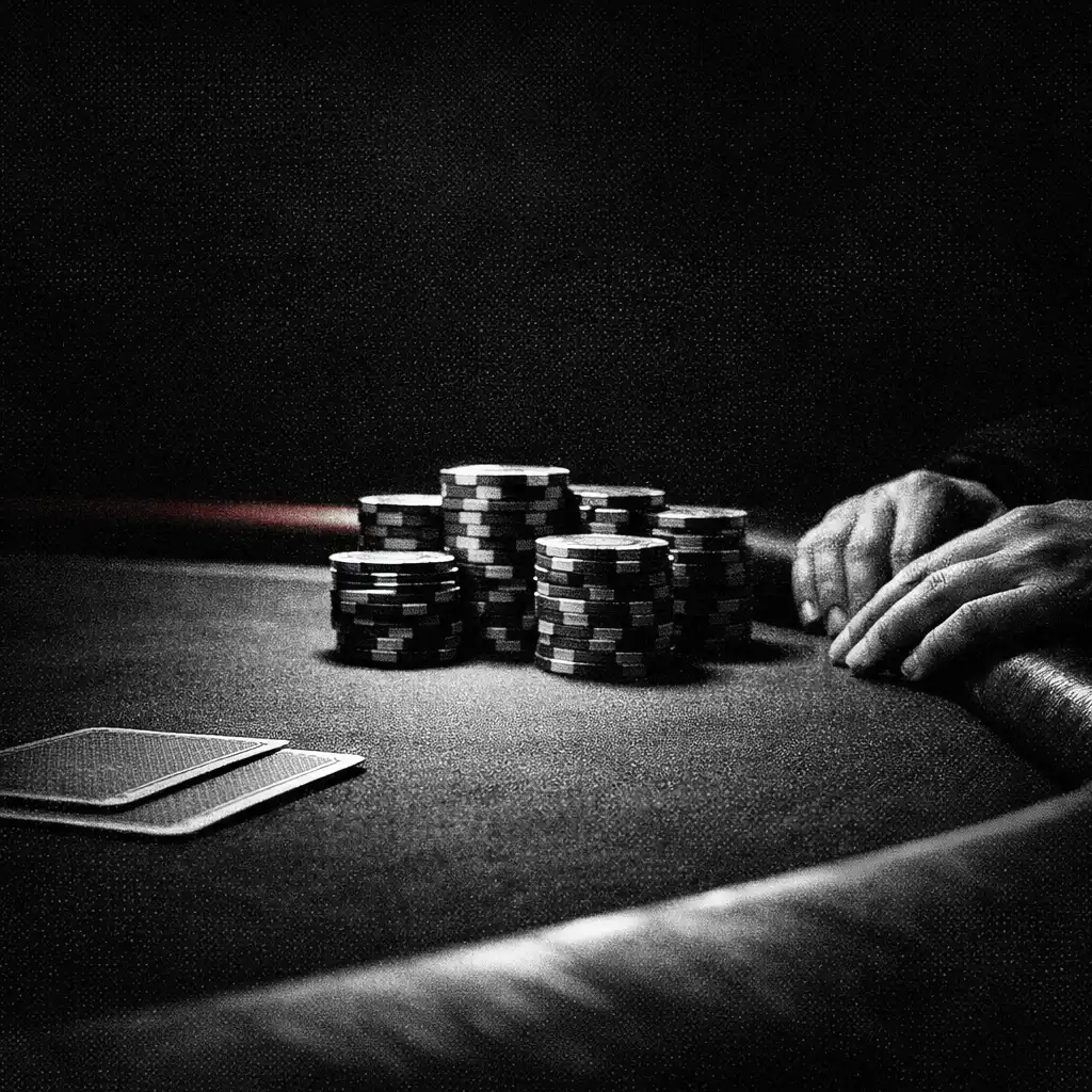 Close view of cards, chips and hands on a textured poker table felt