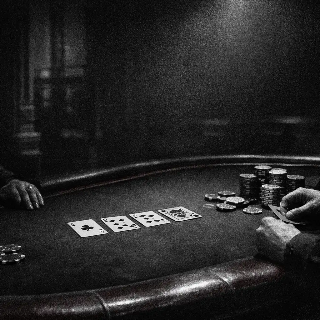 Hands, cards and chips arranged on a dark poker table