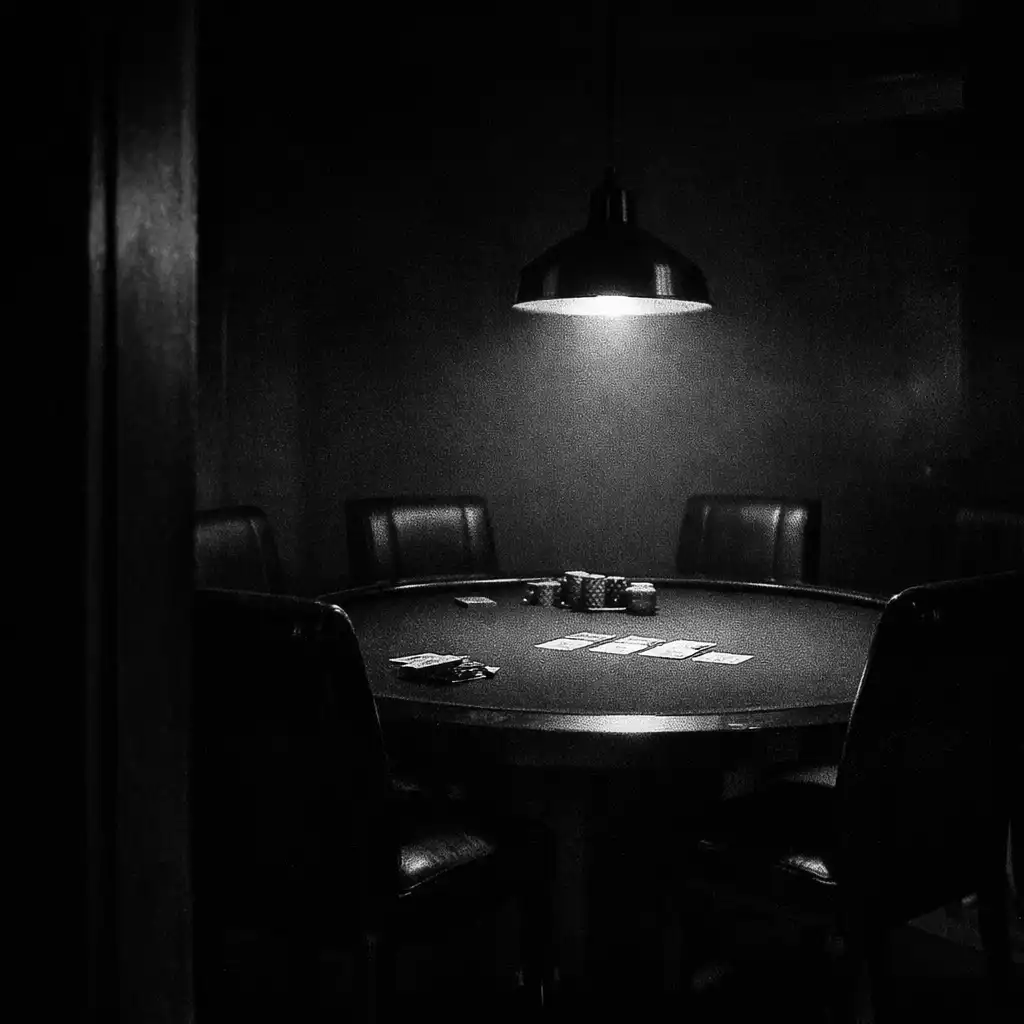 A secluded card room with a central poker table in low light