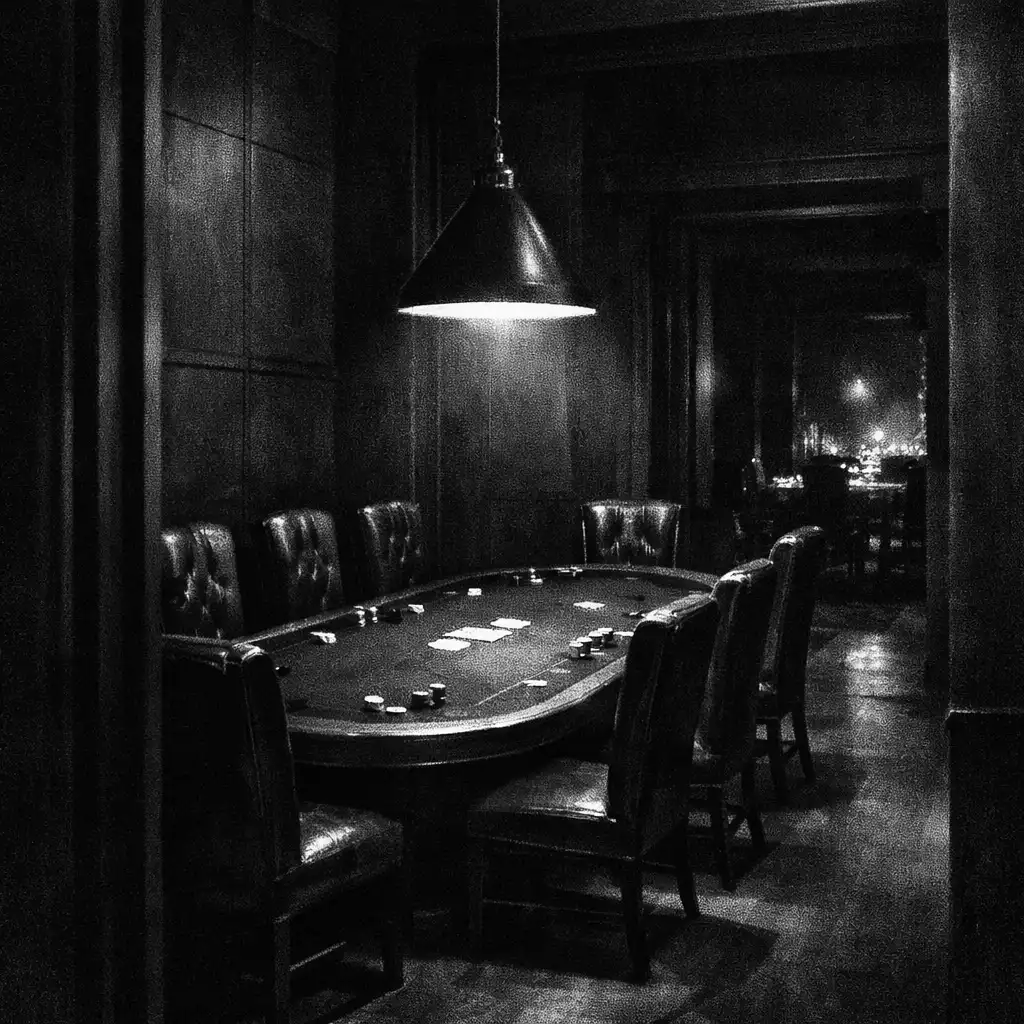 A long poker table and high-backed chairs in a shadowed card room