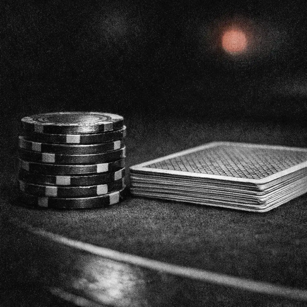 Unmarked chips and face-down cards resting on dark felt