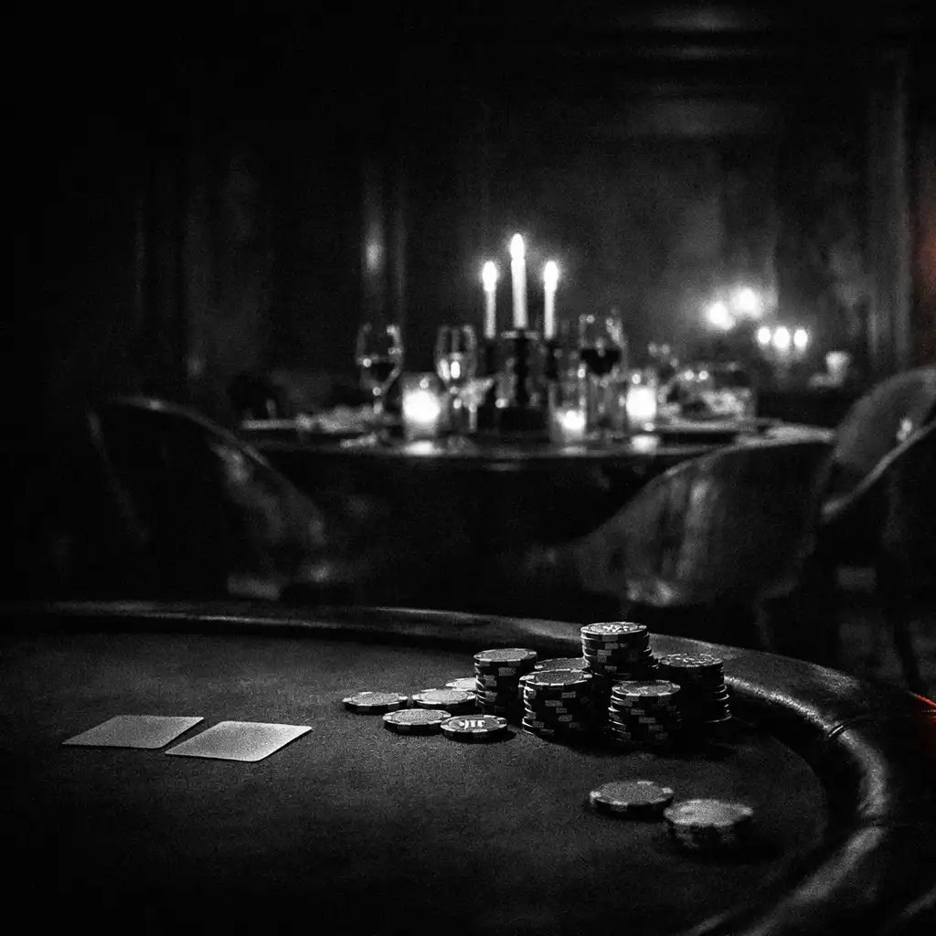 A dark felt poker table with a distant ember-lit dining setting