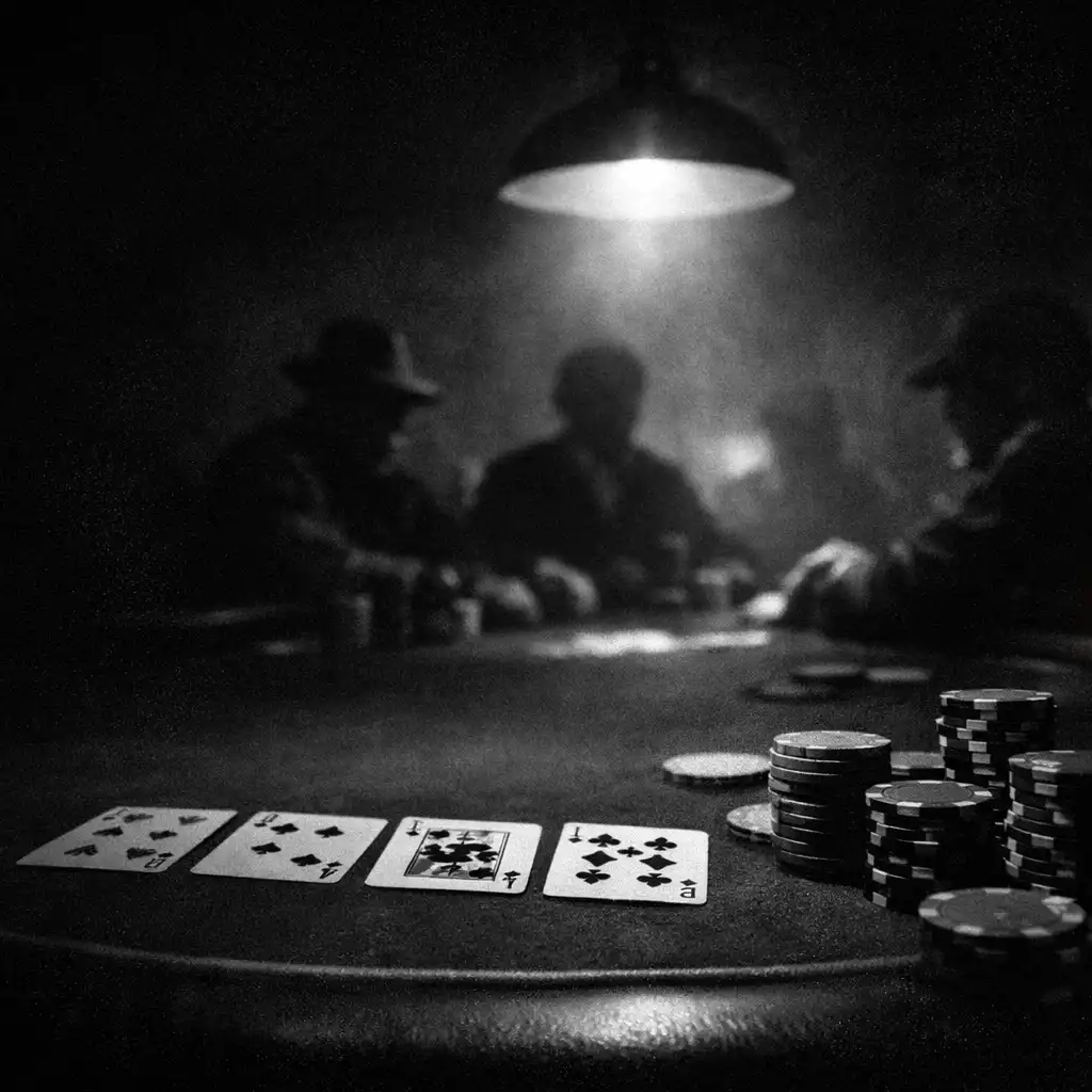 A shadowed in-person poker table under a single overhead lamp