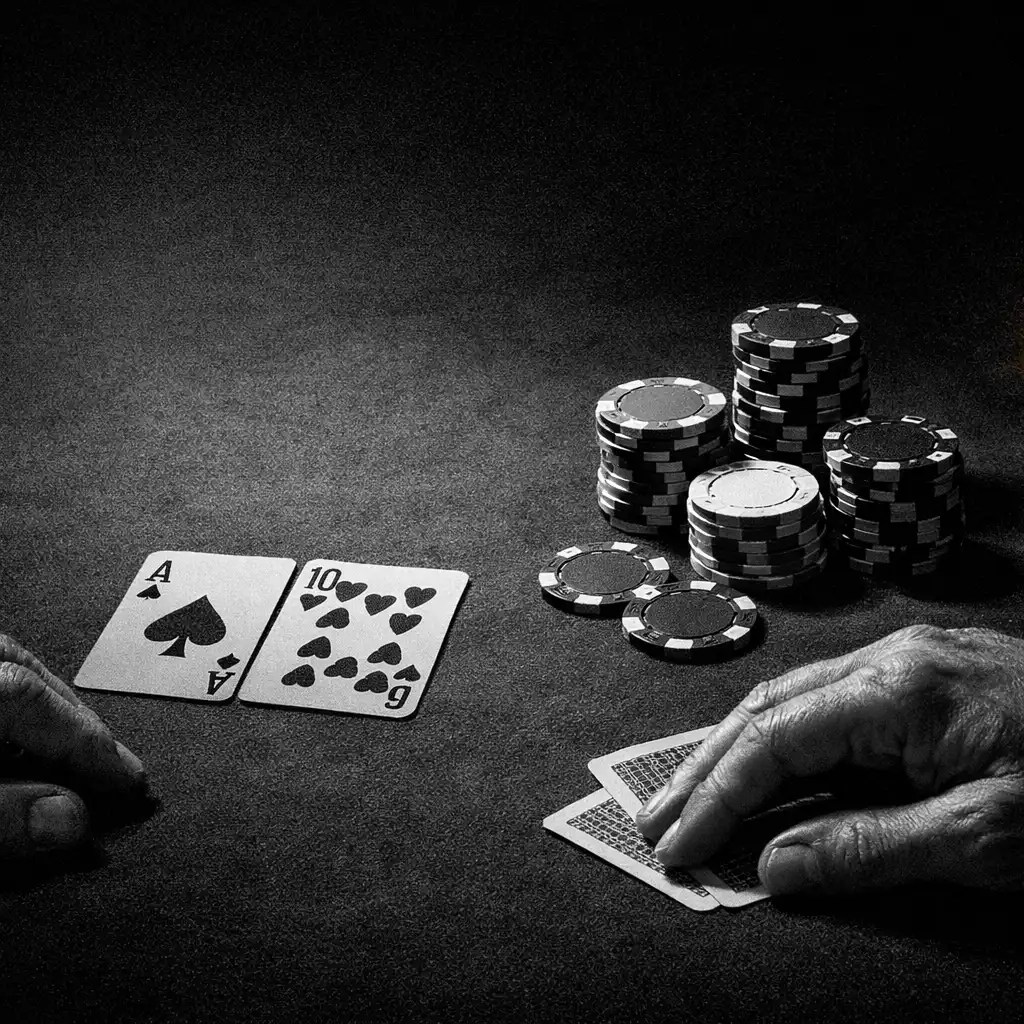Hands, playing cards and poker chips on a felt table