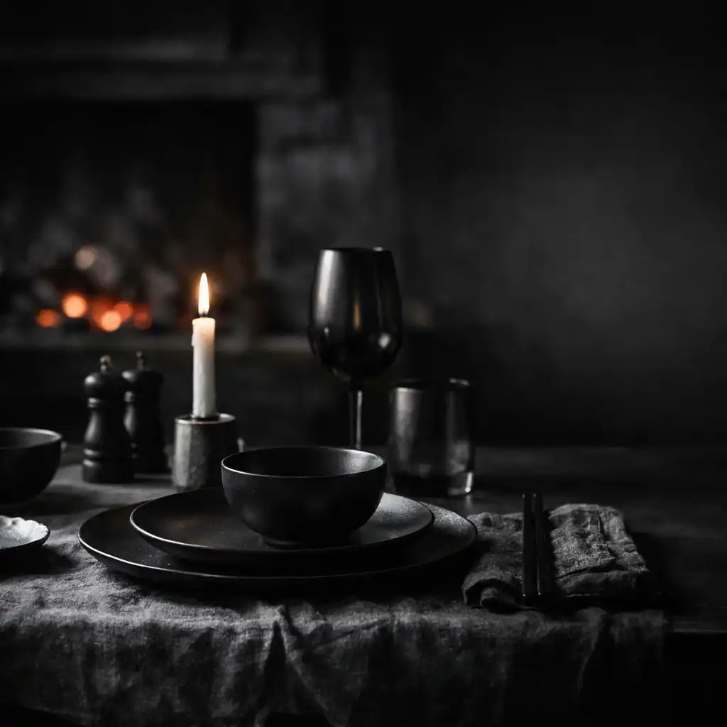 Candlelit dining table with dark tableware in Chance and Hearth