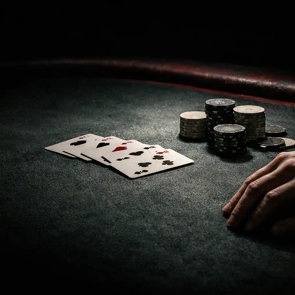 Close view of cards and neutral chips on a physical poker table